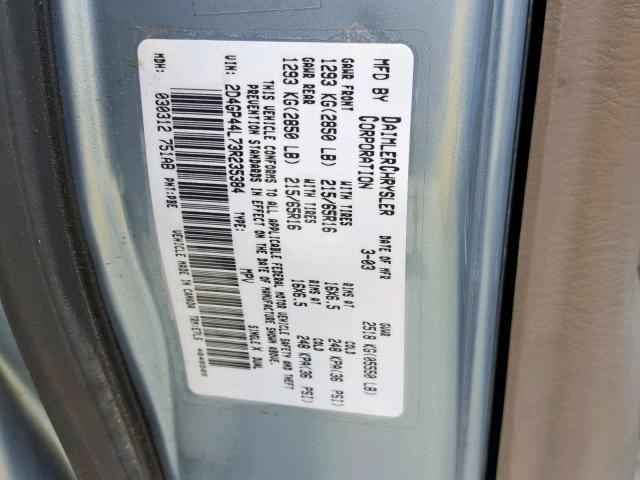 2D4GP44L73R235384 - 2003 DODGE GRAND CARA BLUE photo 10