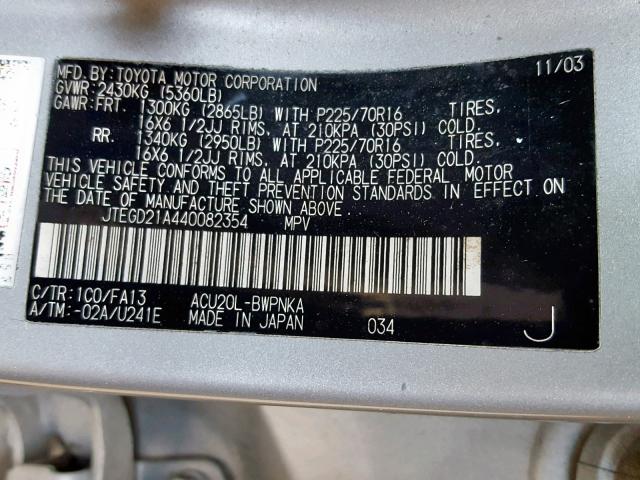 JTEGD21A440082354 - 2004 TOYOTA HIGHLANDER SILVER photo 10