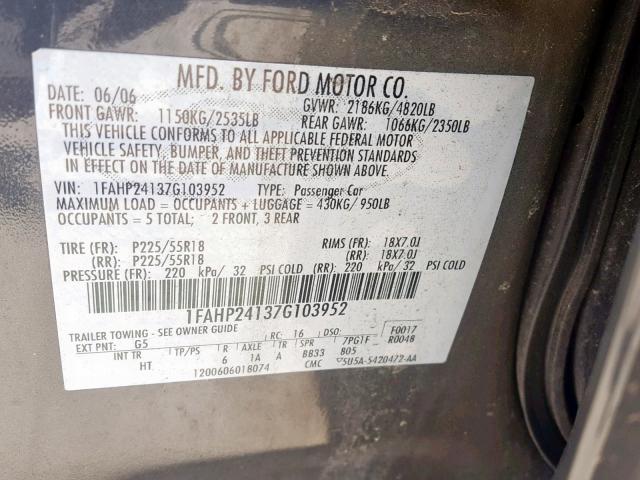 1FAHP24137G103952 - 2007 FORD FIVE HUNDR GRAY photo 10