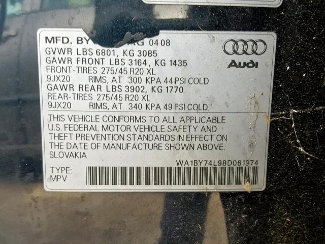 WA1BY74L98D061974 - 2008 AUDI Q7 3.6 QUA BLUE photo 10