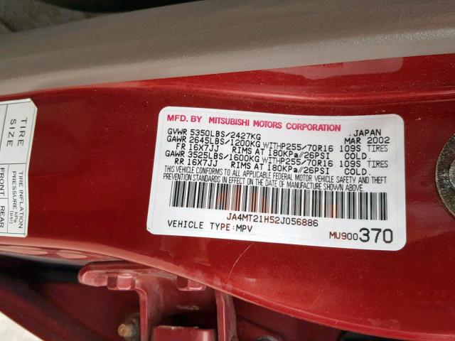 JA4MT21H52J056886 - 2002 MITSUBISHI MONTERO SP RED photo 10