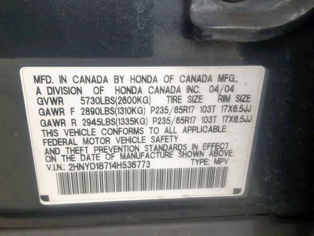 2HNYD18714H536773 - 2004 ACURA MDX TOURIN GRAY photo 10