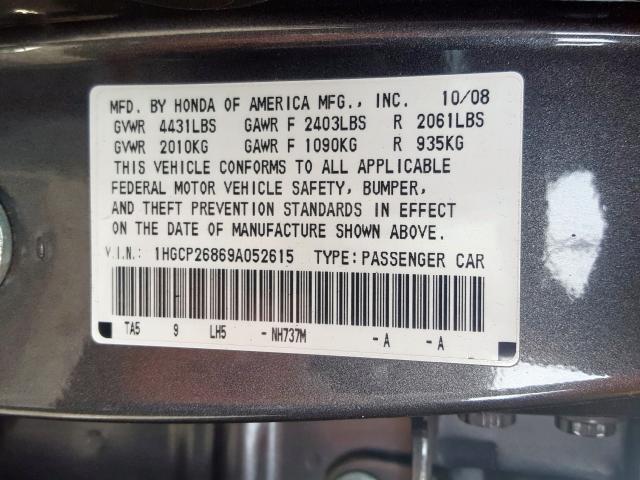 1HGCP26869A052615 - 2009 HONDA ACCORD EXL  photo 10