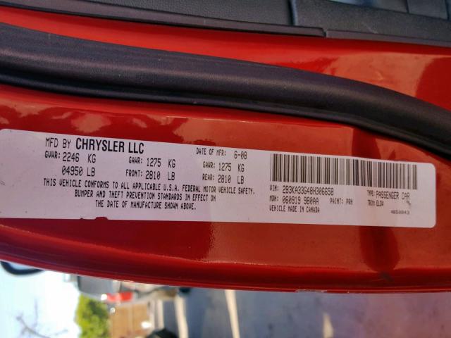 2B3KA33G48H306658 - 2008 DODGE CHARGER SX RED photo 10