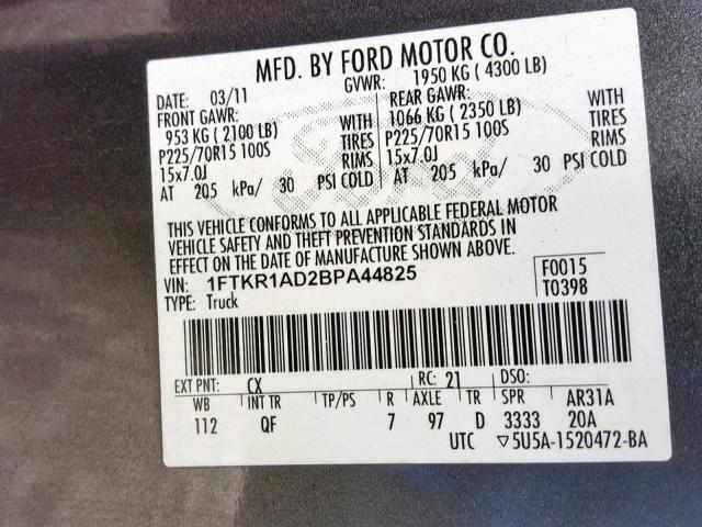 1FTKR1AD2BPA44825 - 2011 FORD RANGER CHARCOAL photo 10