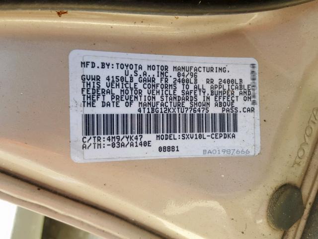 4T1BG12KXTU776475 - 1996 TOYOTA CAMRY DX TAN photo 10