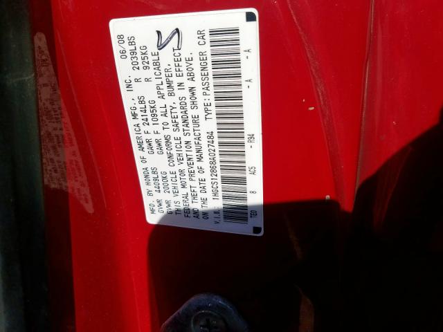 1HGCS12868A027484 - 2008 HONDA ACCORD EXL  photo 10