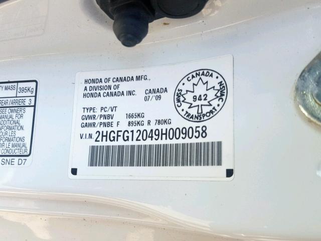 2HGFG12049H009058 - 2009 HONDA CIVIC EXL 白色 照片 10