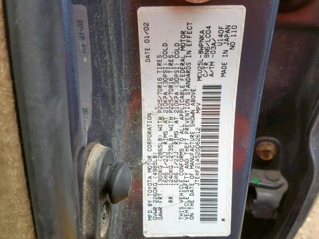 JTEHF21A520062612 - 2002 TOYOTA HIGHLANDER BLUE photo 10