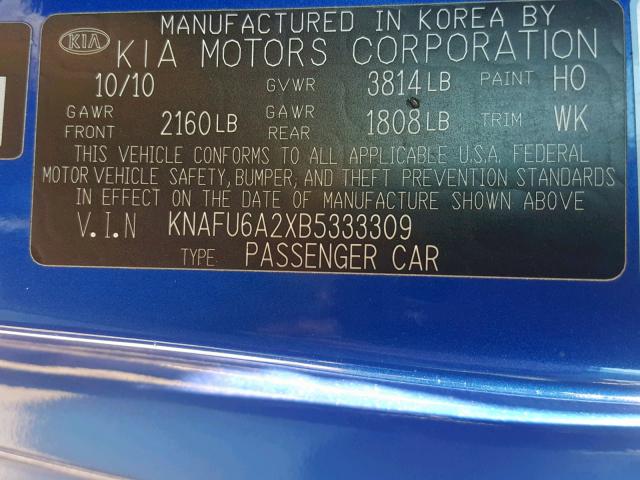 KNAFU6A2XB5333309 - 2011 KIA FORTE EX BLUE photo 10