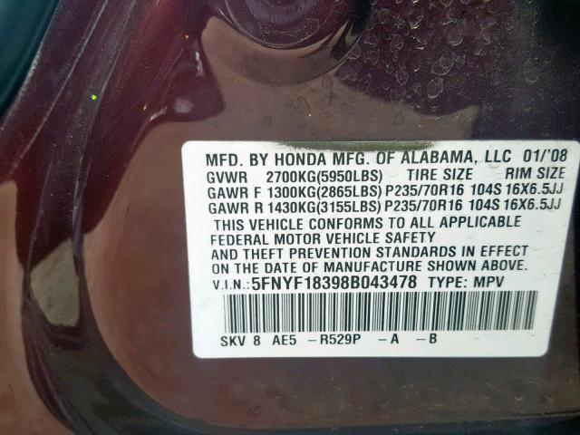 5FNYF18398B043478 - 2008 HONDA PILOT SE MAROON photo 10