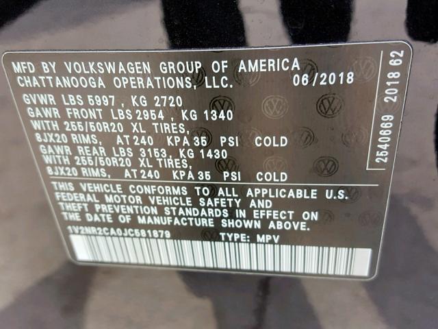1V2NR2CA0JC581879 - 2018 VOLKSWAGEN ATLAS SEL Qara foto 10