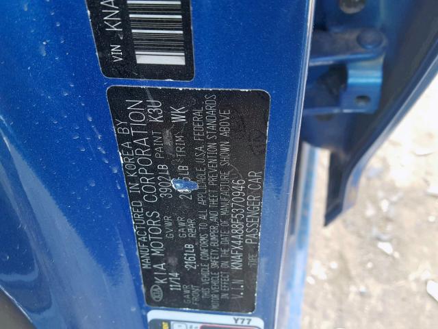 KNAFX4A88F5370946 - 2015 KIA FORTE EX BLUE photo 10