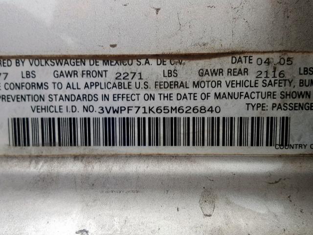 3VWPF71K65M626840 - 2005 VOLKSWAGEN NEW JETTA SILVER photo 10