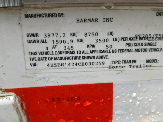 4HZBH1424CE000259 - 2012 UTILITY TRAILER Ağ foto 10