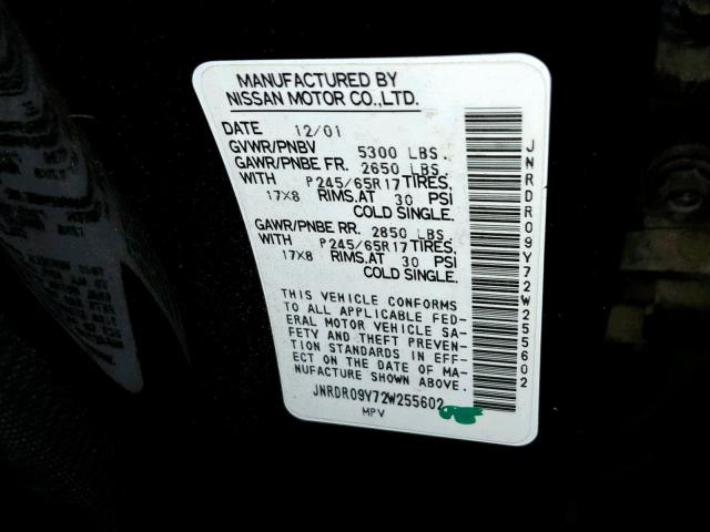 JNRDR09Y72W255602 - 2002 INFINITI QX4 BLACK photo 10