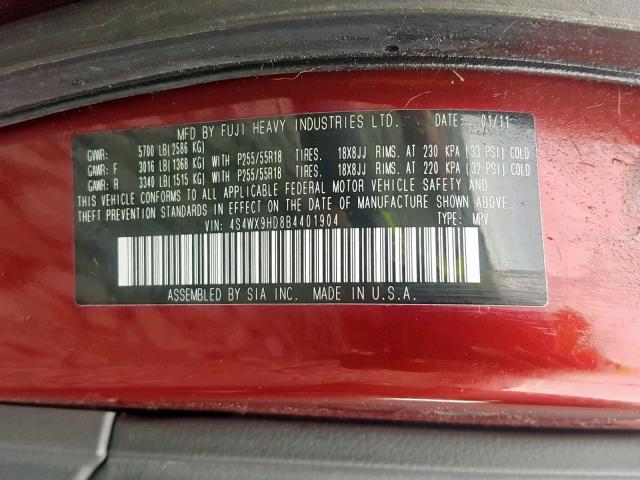 4S4WX9HD8B4401904 - 2011 SUBARU TRIBECA LI RED photo 10