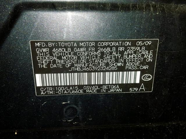 JTHBJ46G392324285 - 2009 LEXUS ES 350 CHARCOAL photo 10