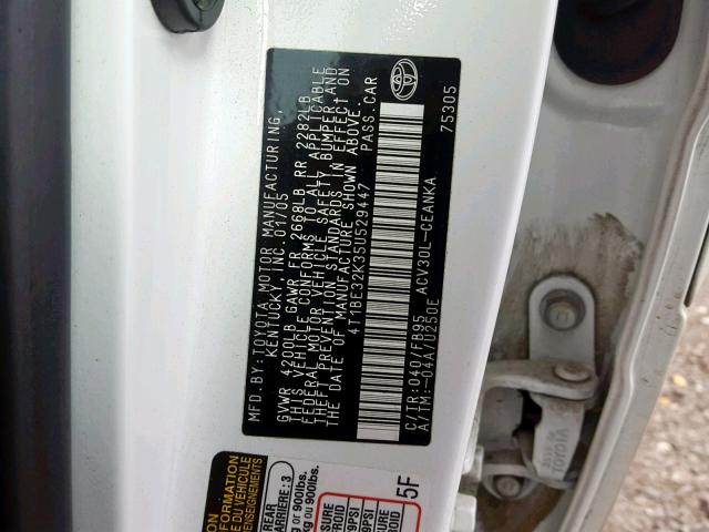 4T1BE32K35U529447 - 2005 TOYOTA CAMRY LE WHITE photo 10