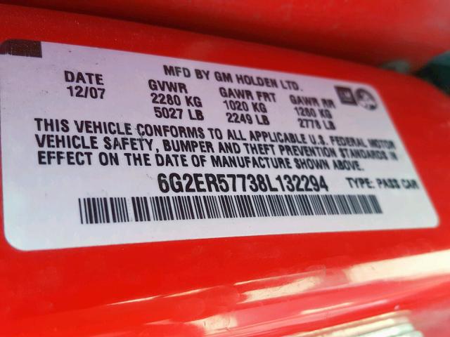 6G2ER57738L132294 - 2008 PONTIAC G8 RED photo 10