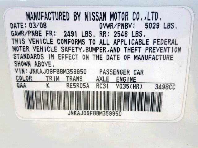 JNKAJ09F88M359950 - 2008 INFINITI EX35 BASE WHITE photo 10
