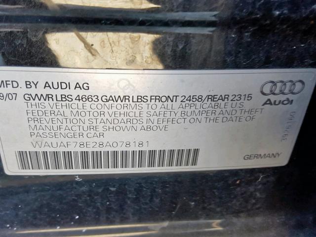 WAUAF78E28A078181 - 2008 AUDI A4 2.0T BLACK photo 10