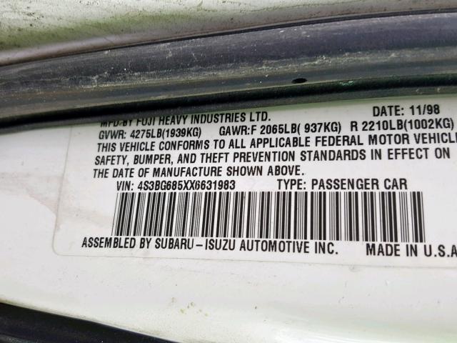 4S3BG685XX6631983 - 1999 SUBARU LEGACY OUT WHITE photo 10