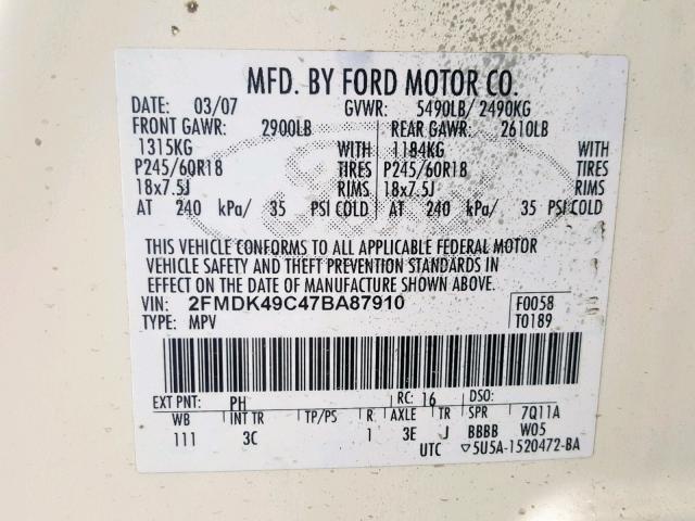 2FMDK49C47BA87910 - 2007 FORD EDGE SEL P CREAM photo 10