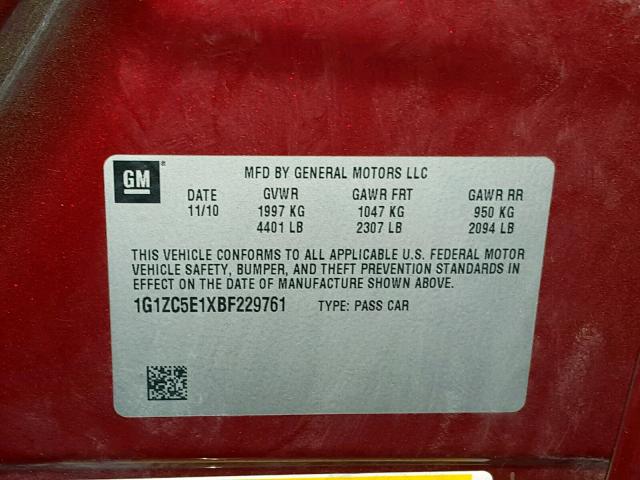 1G1ZC5E1XBF229761 - 2011 CHEVROLET MALIBU 1LT 红色 照片 10