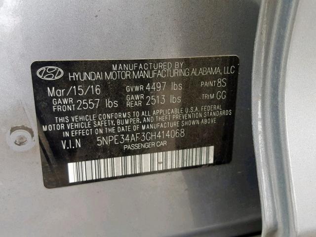 5NPE34AF3GH414068 - 2016 HYUNDAI SONATA SPO GRAY photo 10