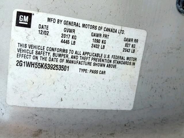 2G1WH55K639253501 - 2003 CHEVROLET IMPALA LS WHITE photo 10