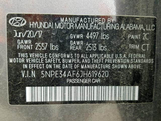 5NPE34AF6JH619620 - 2018 HYUNDAI SONATA SPO GRAY photo 10