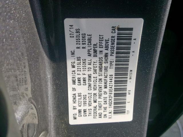 1HGCR2F85EA274406 - 2014 HONDA ACCORD EXL GRAY photo 10