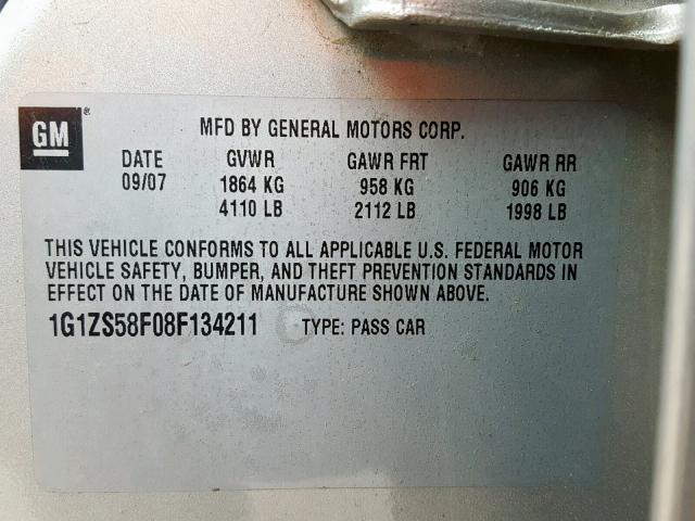 1G1ZS58F08F134211 - 2008 CHEVROLET MALIBU LS SILVER photo 10