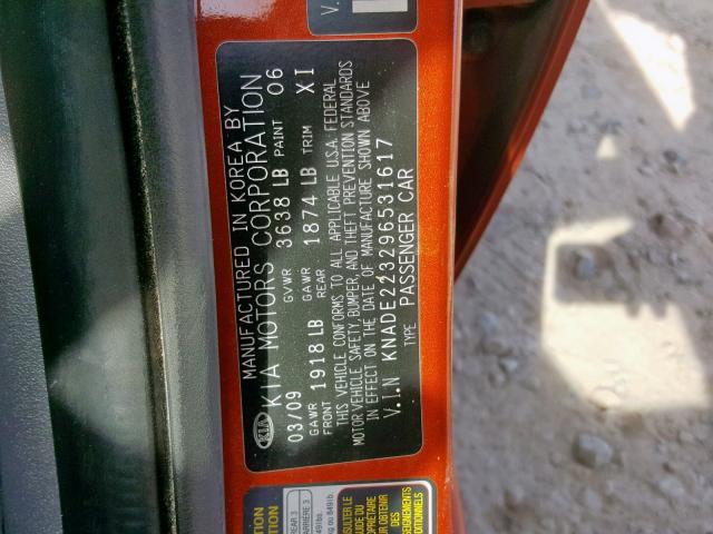 KNADE223296531617 - 2009 KIA RIO BASE ORANGE photo 10