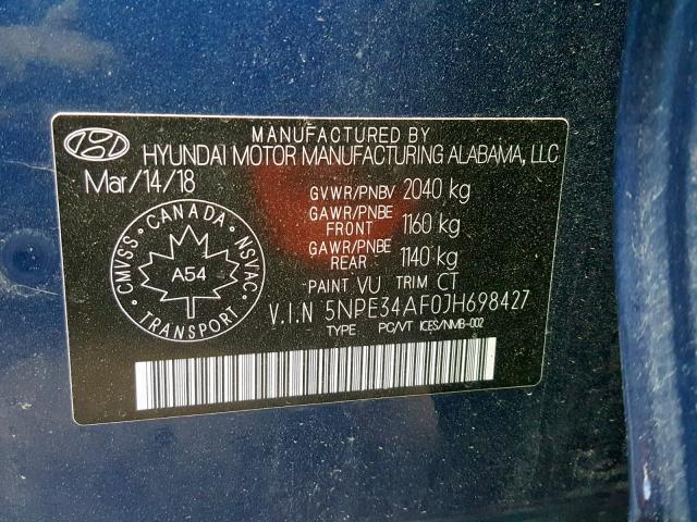 5NPE34AF0JH698427 - 2018 HYUNDAI SONATA SPO BLUE photo 10