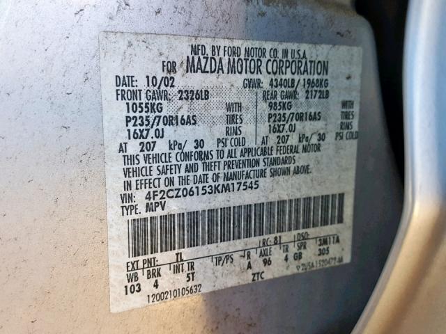 4F2CZ06153KM17545 - 2003 MAZDA TRIBUTE ES 银色 照片 10
