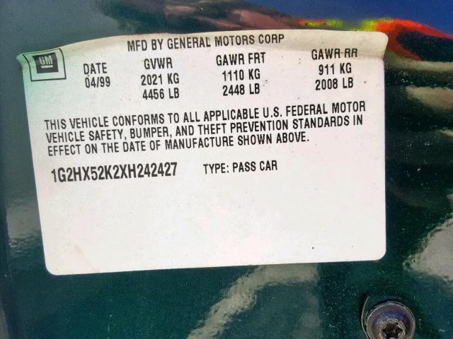 1G2HX52K5W4226244 - 1998 PONTIAC BONNEVILLE GREEN photo 10