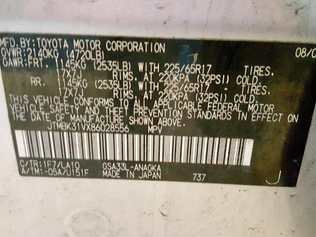 JTMBK31VX86028556 - 2008 TOYOTA RAV4 LIMIT SILVER photo 10