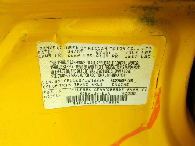 3N1CB61E07L693334 - 2007 NISSAN SENTRA SE- YELLOW photo 10