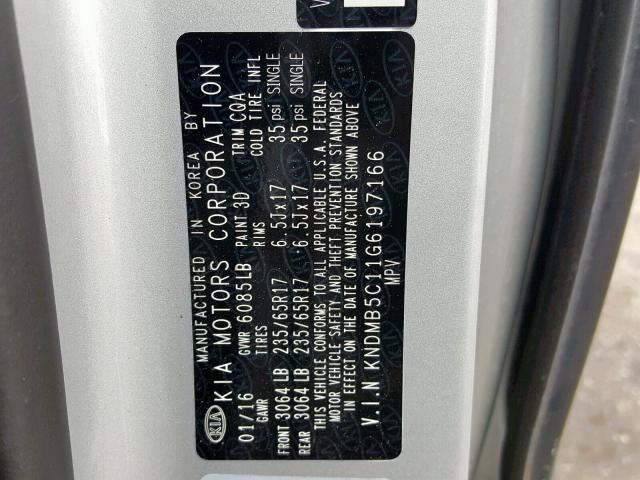 KNDMB5C11G6197166 - 2016 KIA SEDONA LX SILVER photo 10