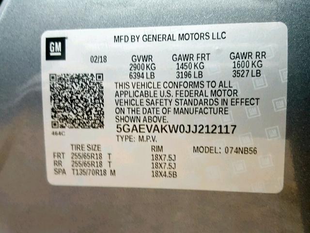 5GAEVAKW0JJ212117 - 2018 BUICK ENCLAVE ES SILVER photo 10