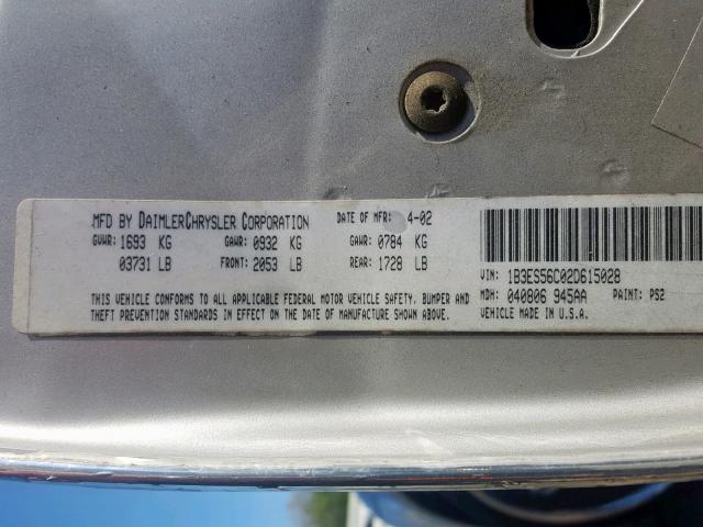 1B3ES56C02D615028 - 2002 DODGE NEON ES SILVER photo 10