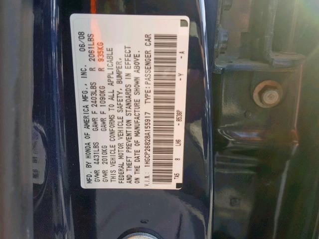 1HGCP26828A155917 - 2008 HONDA ACCORD EXL BLUE photo 10