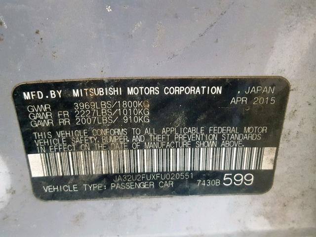 JA32U2FUXFU020551 - 2015 MITSUBISHI LANCER ES SILVER photo 10