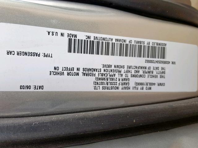 4S3BE625347200552 - 2004 SUBARU LEGACY L S SILVER photo 10