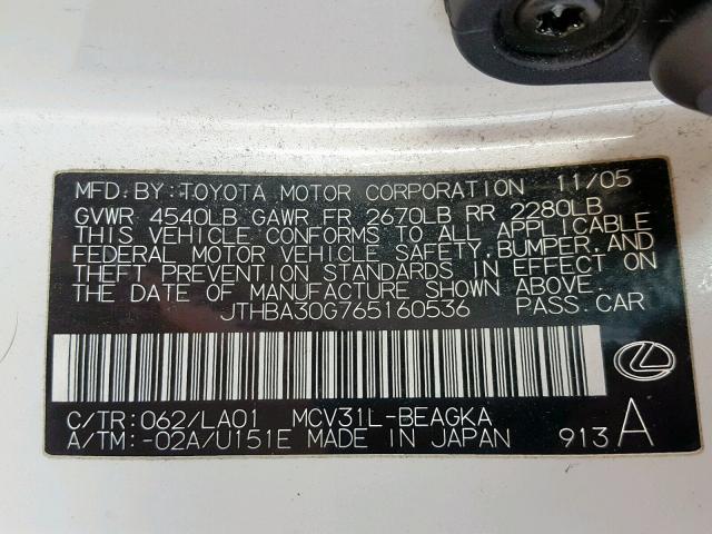 JTHBA30G765160536 - 2006 LEXUS ES 330 WHITE photo 10