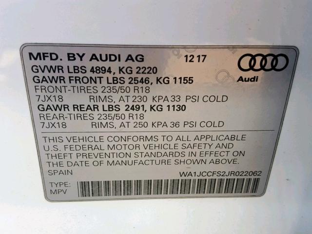 WA1JCCFS2JR022062 - 2018 AUDI Q3 PREMIUM WHITE photo 10