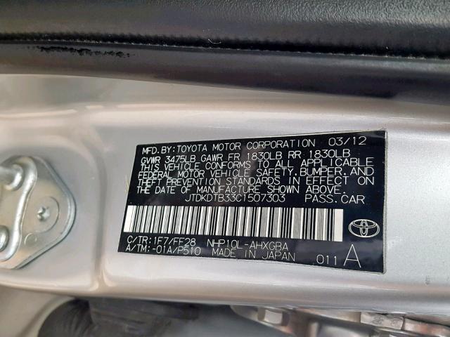 JTDKDTB33C1507303 - 2012 TOYOTA PRIUS C SILVER photo 10