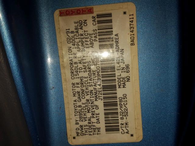 JT2EL43B9M0078857 - 1991 TOYOTA TERCEL DEL BLUE photo 10